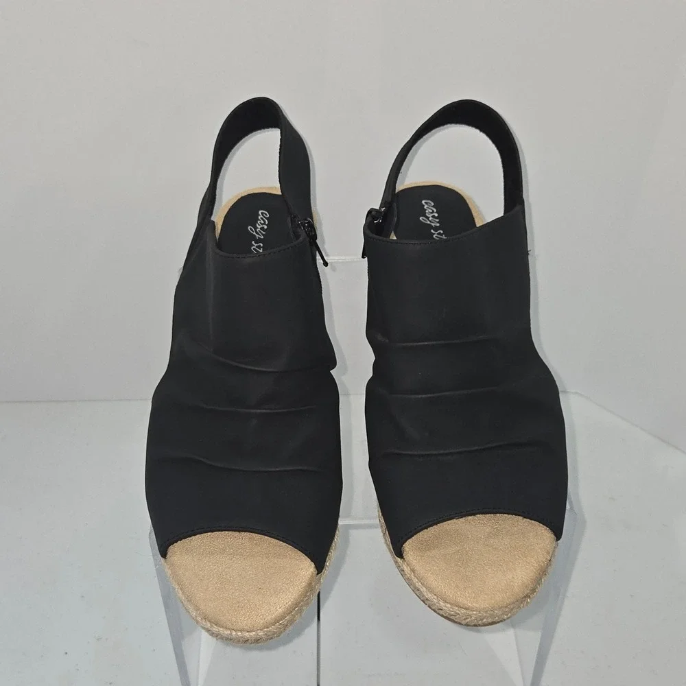 Easy Street Womens 9W Black Ruched Wedge Sandals Espadrille Slingback 31-8941